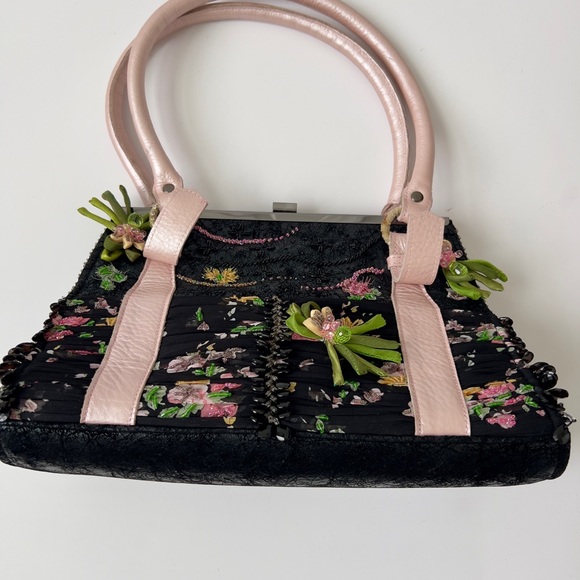 Mary Frances Floral Embellished Black and Pink Handbag - Picture 4 of 8
